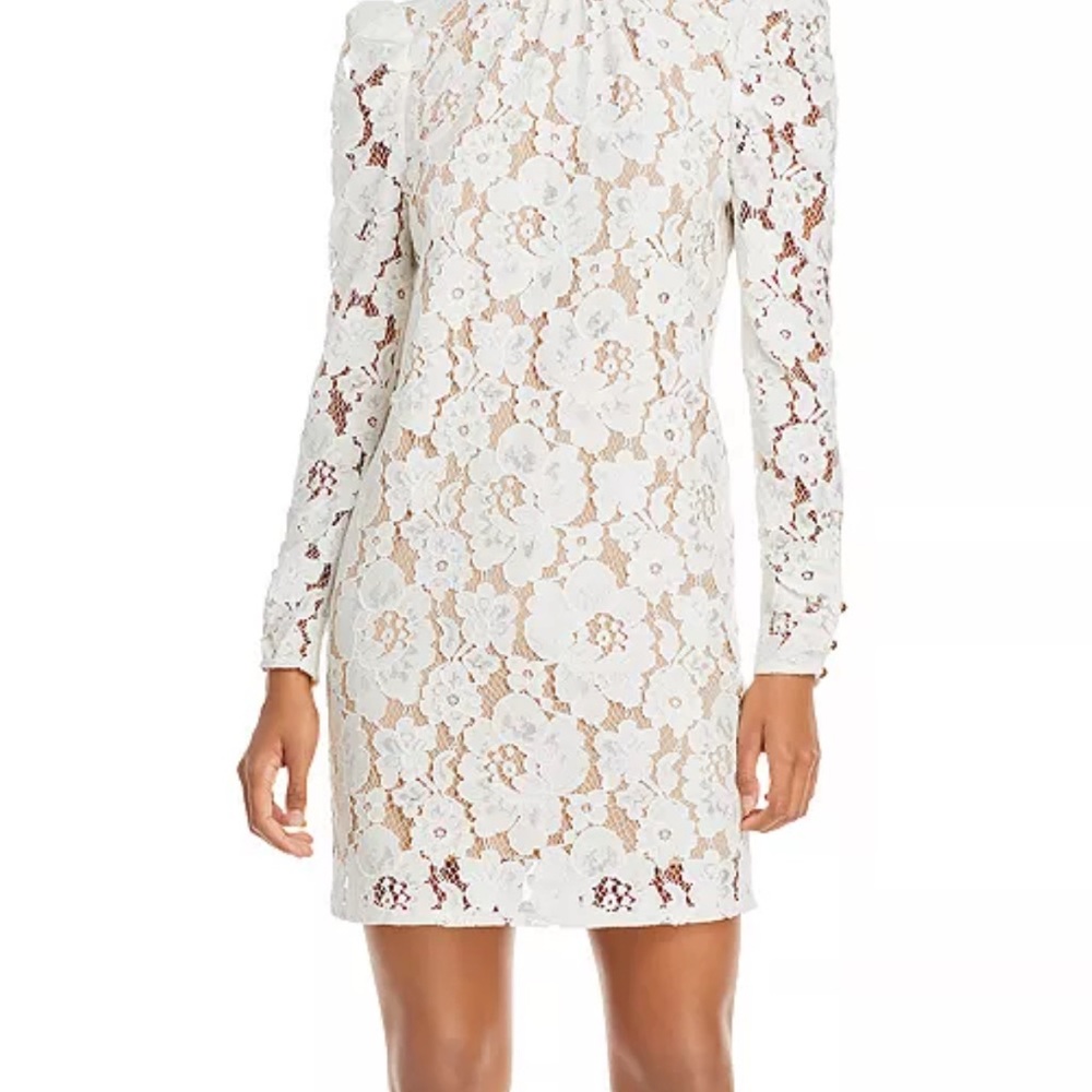 Wayf White Sheath Dress with Bishop Sleeves and Mock Neck